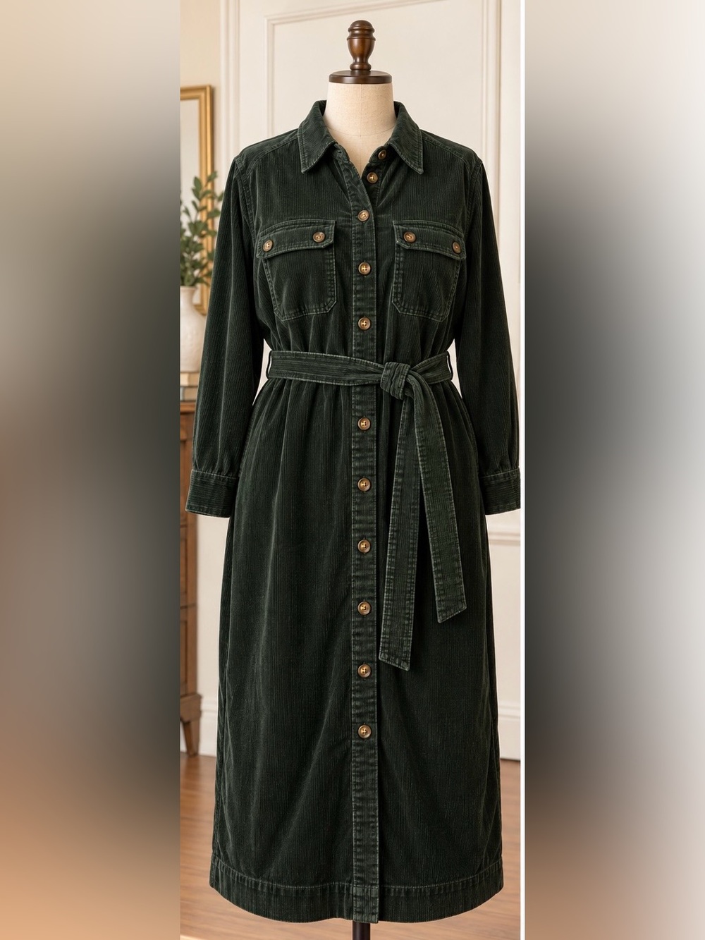 Boden Dark Green Corduroy Button-Front Belted Shirt Dress